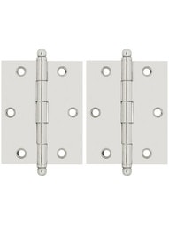 Pair of Solid Brass Ball-Tip Cabinet Hinges - 2 1/2 inch x 2 inch in Polished Nickel